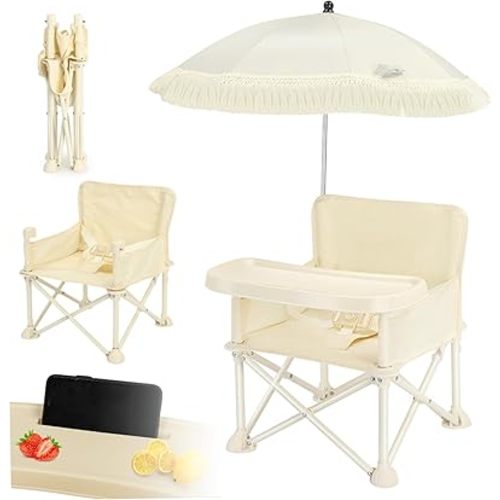 Baby Camping Chair Foldable Baby Beach Chair with Umbrella & Tray Stable Toddler Camping Chair 66lbs Loads Travel High Chair with Safety Belt for Baby 6 Month + Camping, Beach, Lawn