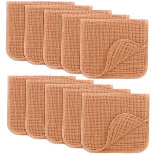 Comfy Cubs Muslin Burp Cloths 20" x 10", Pack of 10 - Large, 6-Layer, Ultra Absorbent 100% Cotton for Baby Drool and Messes - Soft, Safe & Gentle Baby Burp Cloths for Boys & Girls - Caramel