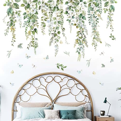 Hanging Vine Wall Decals - Green Nature Plants Leaves Wall Stickers - Bedroom Living Room Sofa TV Background Home Wall Decor