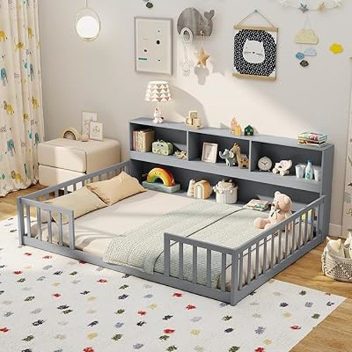 Giantex Full Size Floor Bed for Kids, Wooden Montessori Bed Frame with Bookcase, Storage Shelves & Safety Fence Rails, Floor Beds Full for Girls, Boys, No Box Spring Needed, Without Slats, Grey