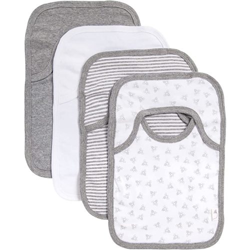 Burt's Bees Baby Bibs, Lap-Shoulder Drool Cloths, 100% Organic Cotton with Absorbent Terry Towel Backing - Light Grey Prints - 4-Pack