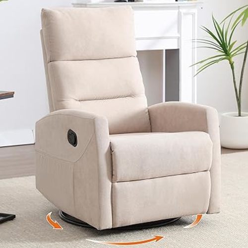 360° Swivel Rocking Chair for Nursery, Manual Glider Chair Nursing Chair with Side Pockets, Polyester Glider for Living Room, Heavy Duty Motion Mechanism, Beige
