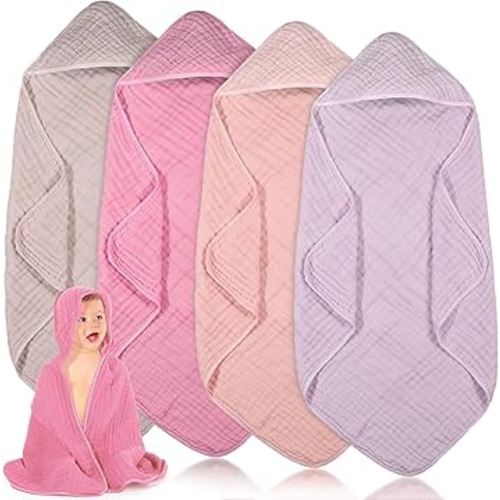 Peryiter 4 Pcs Muslin Hooded Baby Towels,32"x 32" Cotton Newborn Bath Towel Muslin Infant Baby Blankets Absorbent Unisex Newborn Registry Gift for Girls Boys (Pink Series)