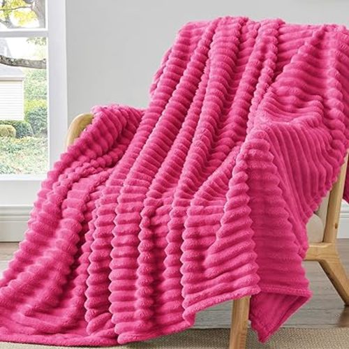 BEDELITE Twin Blanket for Couch & Bed, 300GSM Soft & Warm Fleece Blanket, Decorative and Giftable Striped Hot Pink Blankets for Women, Men, 60"x80"