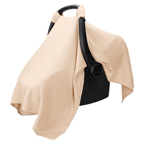 Comfy Cubs Baby Car Seat Cover - Soft, Breathable Bamboo Rayon and Muslin Cotton Blend - Lightweight Canopy for Sun, Bug, and Comfort Protection - Large Size Infant Seat Cover in Cream Design