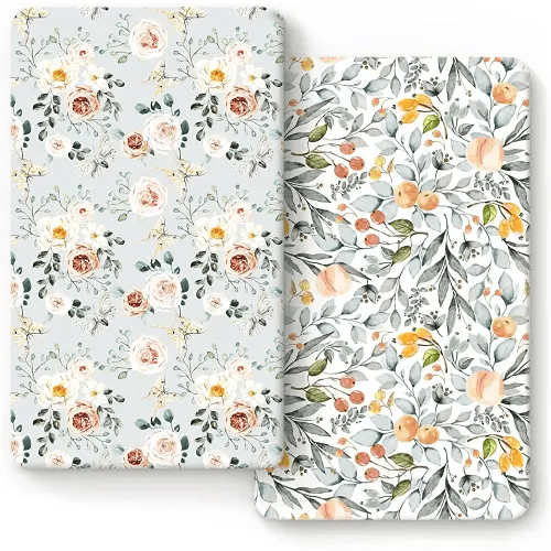 GRSSDER Stretchy Crib Sheets for Baby Girls, Ultra Soft Jersey Knit Fitted Crib Sheets 2 Pack, Universal Fits Most Toddler Crib Mattress Pads Safe and Snug, Stylish Flora Print
