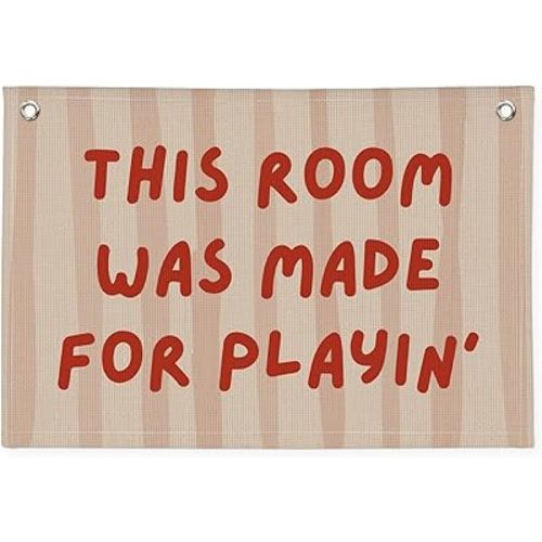 Playroom Decor Wall Banner "This Room Was Made For Playin'" 20x30 Inch - Nursery Canvas Art, Kids Bedroom Hanging, Linen Toddler Play Area Sign, Children's Canvas Flag Decor