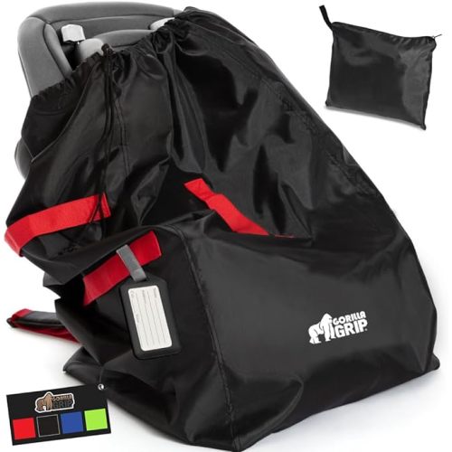 Gorilla Grip Car Seat Travel Bag, Tear and Weather Resistant, Lightweight Padded Backpack Covers for Airplane, Gate Check Bags Infant Booster Carseat Air Plane Cover for Seats, Red - 34 x 18 Inch
