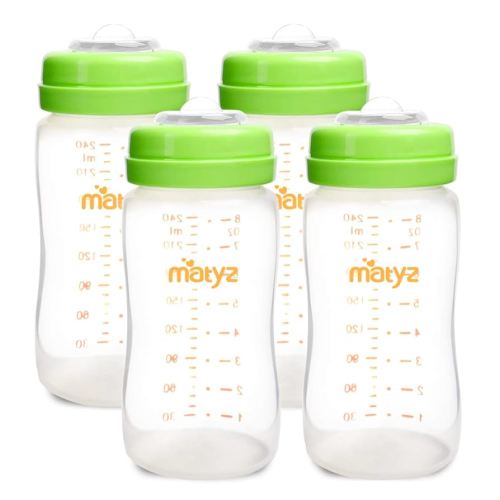 Matyz 4-Pack Breastmilk Storage Bottles with Lids (Green, 8oz Each) - Wide Mouth Breastmilk Collection Storage Bottle - Leakproof Breast Pump Bottle for Spectra Medela Philips Breast Pumps
