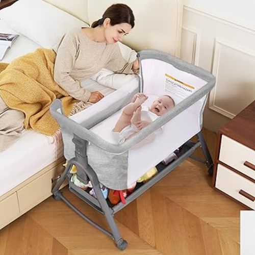 Bedside Crib, 3 in 1 Baby Bassinet Bedside Sleeper with Quick Height Adjustment, Portable Rocking Bassinet for Baby with Wheels, Storage Basket, Mattress, Easy Assembly, Grey