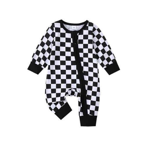 Karuedoo Newborn Baby Boy Girl Clothes Checkered Long Sleeve Zipper Romper Jumpsuit One Piece Bodysuit Fall Winter Outfit