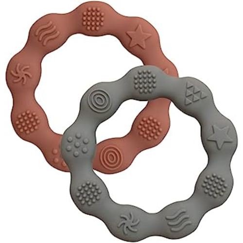 Boppabug | Baby Teething Ring | Minimalist Sensory Teether Toy | Safe Silicone Teething Bracelet (2 Pack Pumpkin & SAGE)