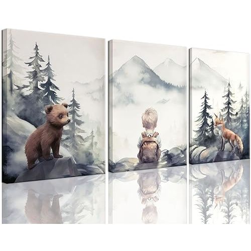 YOYIAXT Framed Woodland Animal Nursery Wall Art Framed Watercolor Forest Mountain Canvas Poster Print Set of 3 Nature Landscape Painting Decor Picture for kid's room Living Room Bedroom