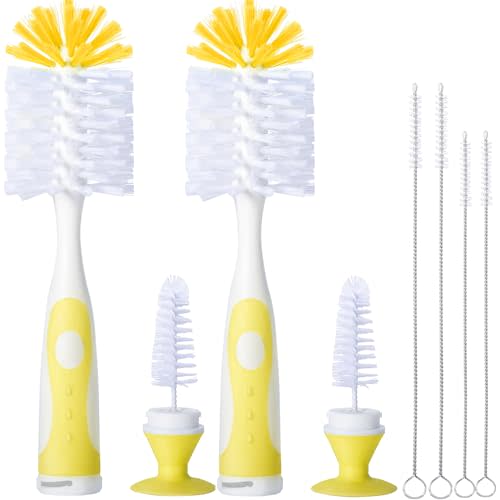 CAREBABYMORE 2 Pack Baby Bottle Brush with 4 Pack Straw Brushes, 10.2" Nylon Brushe with Nipple Cleaner and Stand Suction Cup, Yellow