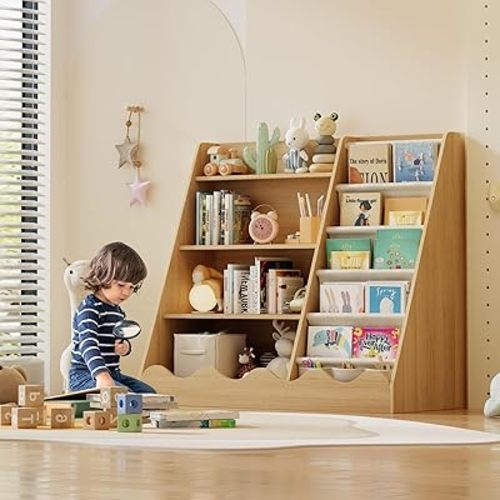 Wood Bookcase for Kids, 4 Tier Kids Bookshelf and Toys Storage Cabinet, Baby Bookshelf with Storage, 5 Shelf Bookcase, Montessori Bookcase Kids Room, Toddler Bookshelf for Nursery Classroom