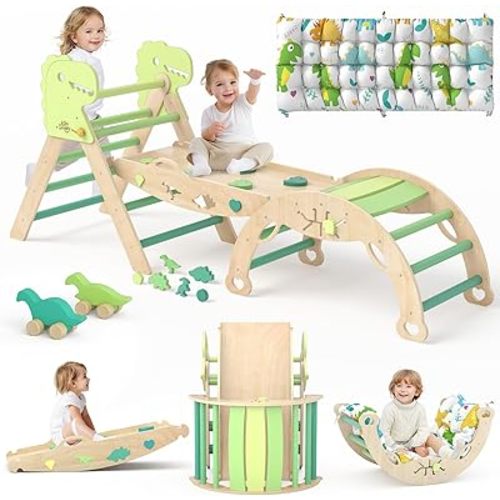 Pikler Triangle Set with Cushion 9 in 1 Climbing Toys for Toddlers 1-3 Indoor Baby Climbing Gym Toddler Montessori Toys Wooden Climbing Toys with Maze Toys, Shape Sorting Toys, Dinosaur Car