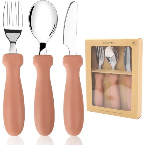 Toddler Utensils Set, 3 Pieces Toddler Utensils Stainless Steel Fork, Spoon and Knife Set with Silicone Holding Design, Socub Children's Flatware Set, BPA Free, Muted