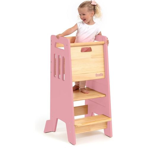 Toddler Tower with a Sliding Door and 3 Adjustable Heights - Complete Toddler Kitchen Stool Helper with Support Feet - Safe Design for 18+ Months to 6-Year-Old Kids - Pink