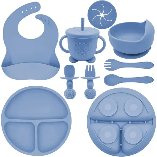 Silicone Baby Feeding Set | Baby Led Weaning Supplies Includes Suction Bowls and Divided Plates, Adjustable Bib, Baby Utensils Spoons and Forks,Cup | Baby Feeding Essentials (Deep Blue)