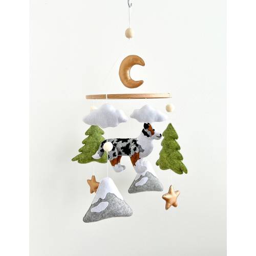 Dog baby mobile, australian shepherd baby mobile, gender neutral mobile, mobile crib with clouds, gender neutral mobile, boho nursery decor