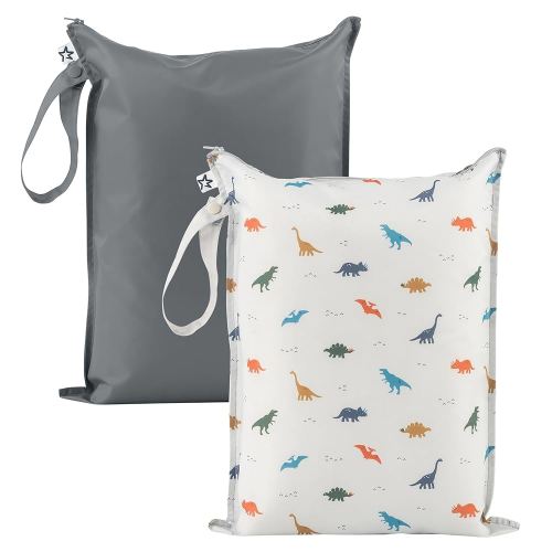 Tiny Twinkle Mess-Proof Waterproof Wet Dry Bag | 2-Pack Reusable Wet Bags for Swimsuits & Baby Clothes | Leakproof Wet Bag for Travel & Diaper Changes for Baby (Dinosaur)