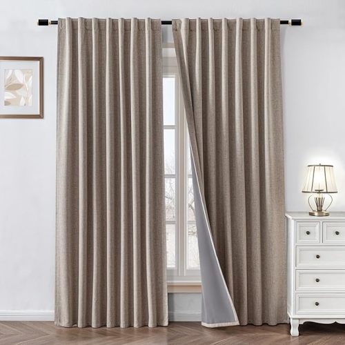 100% Blackout Curtains 84 inch Length 2 Panels Faux Linen Long Drapes for Bedroom Nursery Living Room Black Out Room Darkening Curtain Thermal Insulated Back Tab Rod Pocket(W52 x L84, Beige)