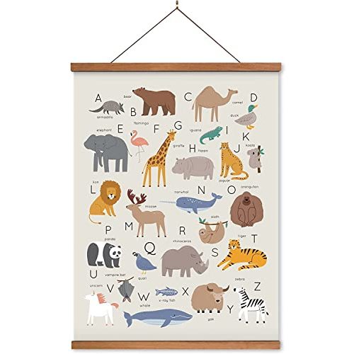 Lenny's World Animal Alphabet Poster on Linen Canvas with Teak Wooden Poster Hanger (ABC Animals) Durable Ready to Hang Learning Poster for Babies and Kids