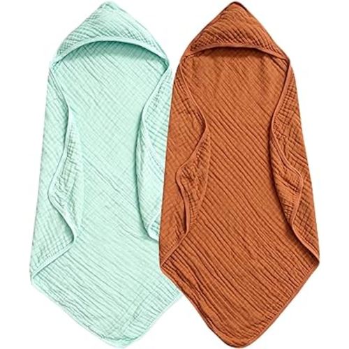 PHF 2 Pack Baby Hooded Towels, 100% Muslin Cotton Baby Bath Towel with Hood for Newborn, Infant, Toddler, Ultra Soft and Absorbent Baby Essentials Bath Towels for Boys Girls, 32x32Inch, Green & Brown