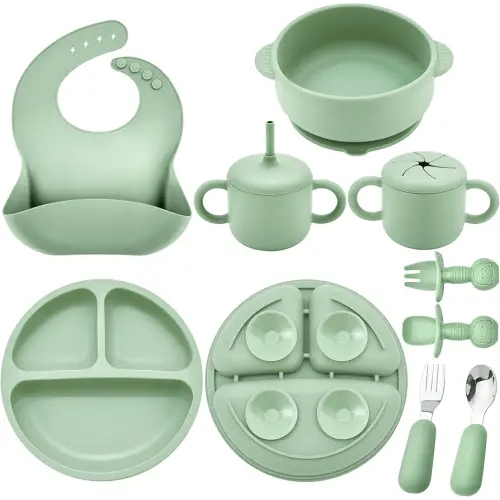 Silicone Baby Feeding Set, Baby Led Weaning Supplies, Eating Essentials Utensils with Suction Plate and Bowl, Pocket Bib, Sippy Cup with Lid, Forks Spoons Snack Container, for 6+ Months, Green