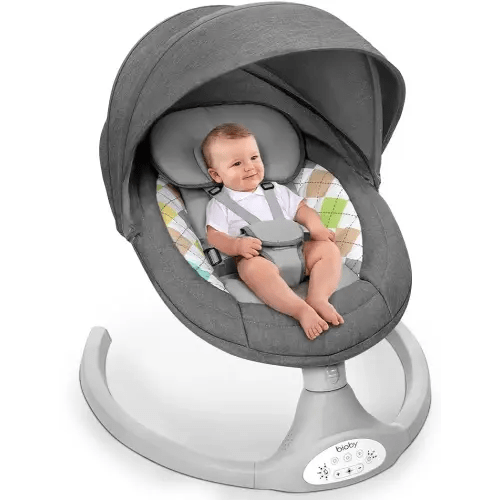 Bioby Baby Swing for Infants to Toddler, Electric Portable Baby Bouncer for 0-6 Months Newborn, Baby Rocker with 5 Swing Speeds and Remote Control, Touch Screen, Bluetooth Music, for Baby 5-20Lb,Grey