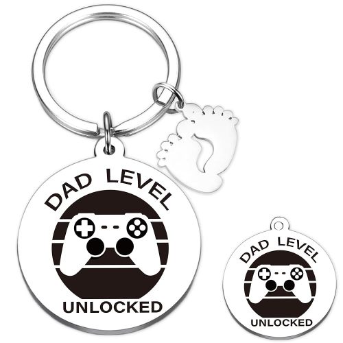 First Fathers Day Keychain for New Dad, Daddy to Be Keyring Gifts with Baby Footprint Charm, Level Unlocked Keyring Expectant Dad Gift from Wife to Husband