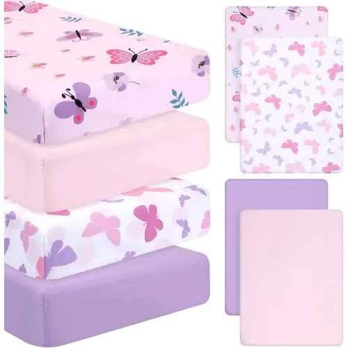 Mixweer 4 Pack Butterfly Baby Crib Sheet Set for Girls Standard Size Crib Toddler Mattresses Soft Breathable Sheets for Baby Gifts Home Nursery Toddler, Pink Purple