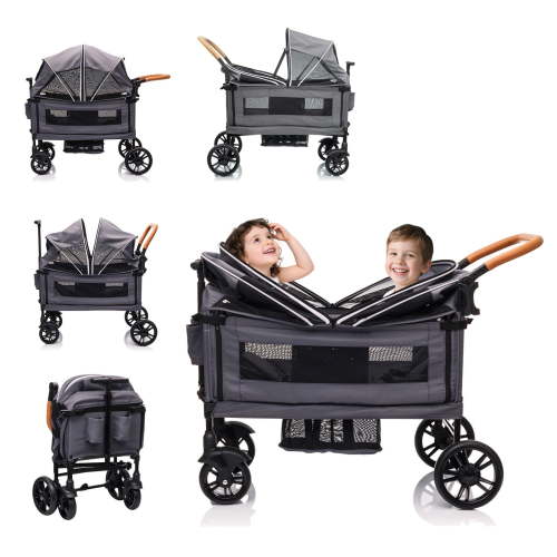 Funyard, Expedition Wagon Stroller for 2 Kids, Double Stroller with 5-Point Safety Harness, Adjustable Canopy & Handlebar, Snack Tray, All-Terrain Wheels, Lightweight Fold, Grey