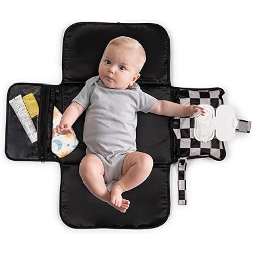 Tiny Twinkle Portable Diaper Changing Pad-Foldable Waterproof Changing Mat&Portable Changing Pad for Travel,Baby Changing Station with Smart Wipes Pocket&Storage (Black Checkers)