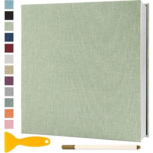 Photo Album Self Adhesive Pages Scrapbook Magnetic Photo Albums with Sticky Pages for 4x6 5x7 8x10 Pictures Books with A Metallic Pen for Baby Family Wedding 11x10.6 GrassGreen 60 Pages