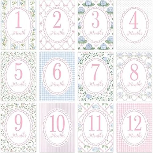 12 Pcs Baby Monthly Milestone Cards First Month Milestone Cards 1-12 Monthly Floral Baby Photo Props 5 x 7 Inch First Holiday Newborn Sign for New Parents Boy/Girl Photos Pictures 12 Designs