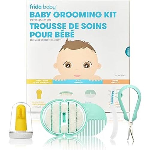 Frida Baby Grooming Kit | Baby Essentials Gift Set Includes Finger Brush with Storage Stand, Hair Brush with Case, Styling Hair Comb, Easy Grip Nail Scissors with Nail File and Case