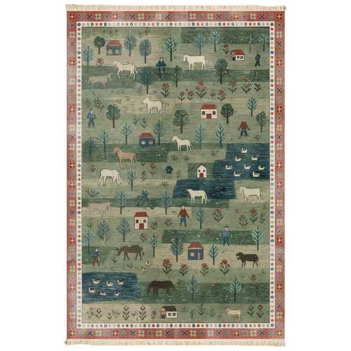 Vintage Farm Theme Washable Rug with Horses Ducks Trees and Farmhouse, Green and Terracotta Tones, Recycled Cotton Non Slip Custom Size 165