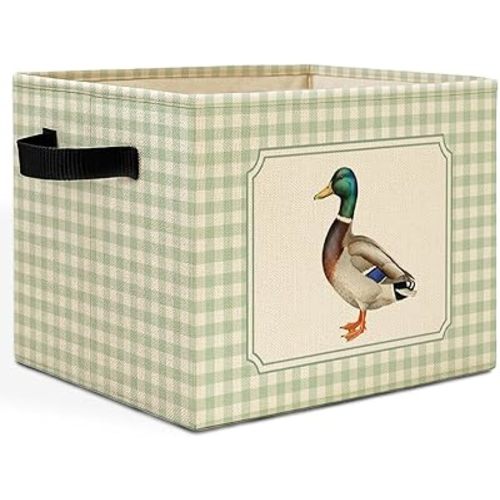 Mallard Duck Sage Green Checkered Storage Bins Box with Handles, Cottagecore Mallard Duck Plaid Laundry Basket Hamper Collapsible Clothes Toys Organizer for Boys Nursery Toddler Room