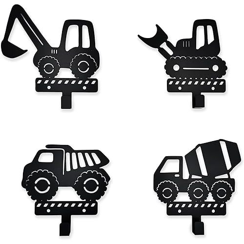 4 Pieces Construction Vehicles Silhouette Shape Metal Wall Hooks Coats Hooks Decorative Hooks for Kids Room Boys Room Nursery Playroom Classroom