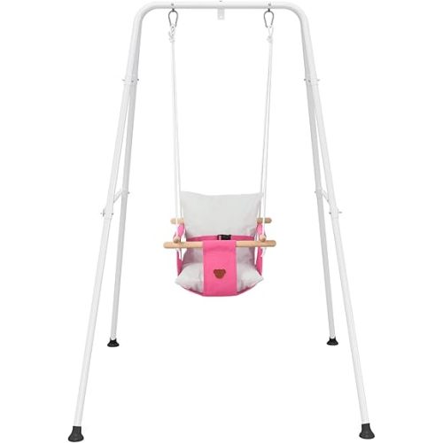 Baby Swing, Toddler Swing, Baby Swing with Stand, Swing Set for Infant, Outdoor Indoor Swing Set with Canvas Cushion Seat (Pink)