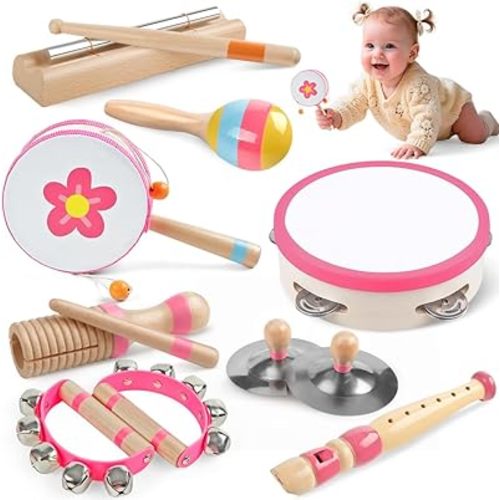 Toddlers Musical Instruments for 1 2 3 Year Old Girl,Baby Montessori Wooden Musical Toys for Toddlers1-3 Year Old,Kids Musical Toy for Preschool,Christmas Birthday Gift for Baby Girls (Pink 8 in 1)