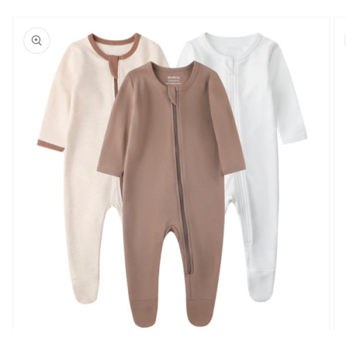 100% Cotton Footed Zip Pajamas - 3 pack - Brown&beige&ivory White – Owlivia
