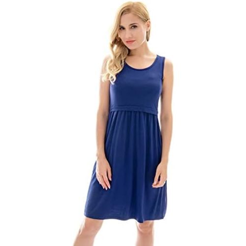 Bearsland Women's Sleeveless Maternity Dress Nursing Breastfeeding Dresses with Pockets
