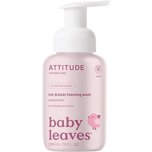 ATTITUDE 2-in-1 Hair and Body Foaming Baby Wash, EWG Verified Shampoo Soap, Dermatologically Tested, Made with Naturally Derived Ingredients, Vegan, Unscented, 10 Fl Oz