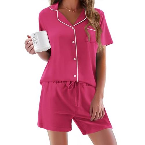 Ekouaer Pajamas Set for Women Short Sleeve Sleepwear Button Down Pjs Soft 2 Piece Lounge Sets