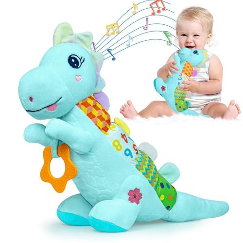 Baby Dino Musical Stuffed Animal Toys for 0-3-6-9-12 Months,Infant Dinosaur Tummy Time Toys with Crinkle Sound Paper,Teether,Textures & Rattles for Newborn Boys Girls Birthday Gifts,Blue