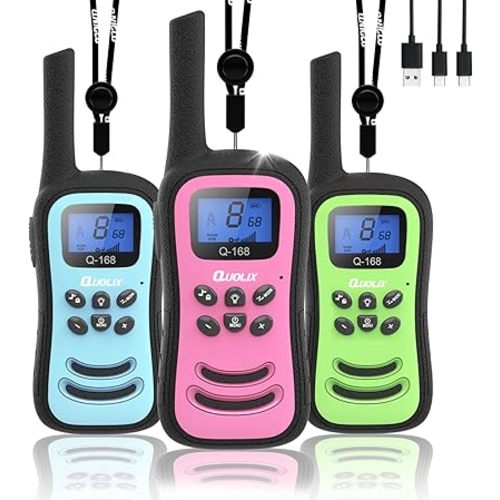 QUOLIX Walkie Talkies for Kids 3 Pack, Rechargeable Long Range Walkie Talkie with 22 Channels & Flashlight for 3-12 Yr Old Boys, Outdoor Adventure Gifts