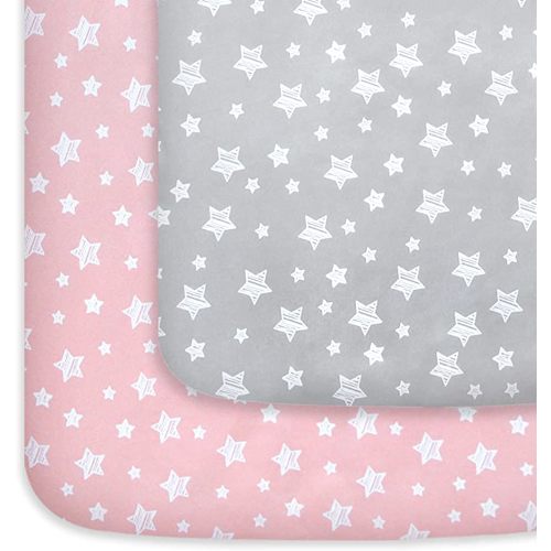 Pack and Play Sheets Girl, Mini Crib Sheets, Stretchy Pack n Play Playard Fitted Sheet, Compatible with Graco Pack n Play, Soft and Breathable Material, Grey & Pink