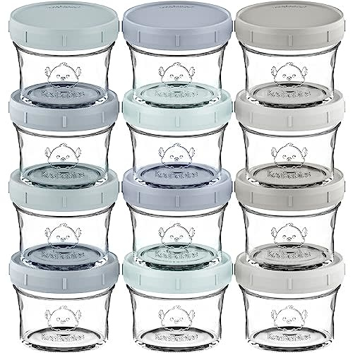 KeaBabies 12pk 4oz Glass Baby Food Containers with Lids - Leak-Proof, Microwavable Small Glass Jars, Baby Purees & Toddler Snack Storage Containers, BPA-Free, Dishwasher & Freezer Safe (Slate)